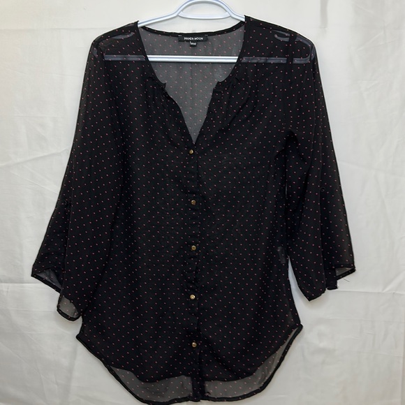 Paper Moon sheer Button Up Blouse Size XS Black with Pink Polka dots - Picture 1 of 4